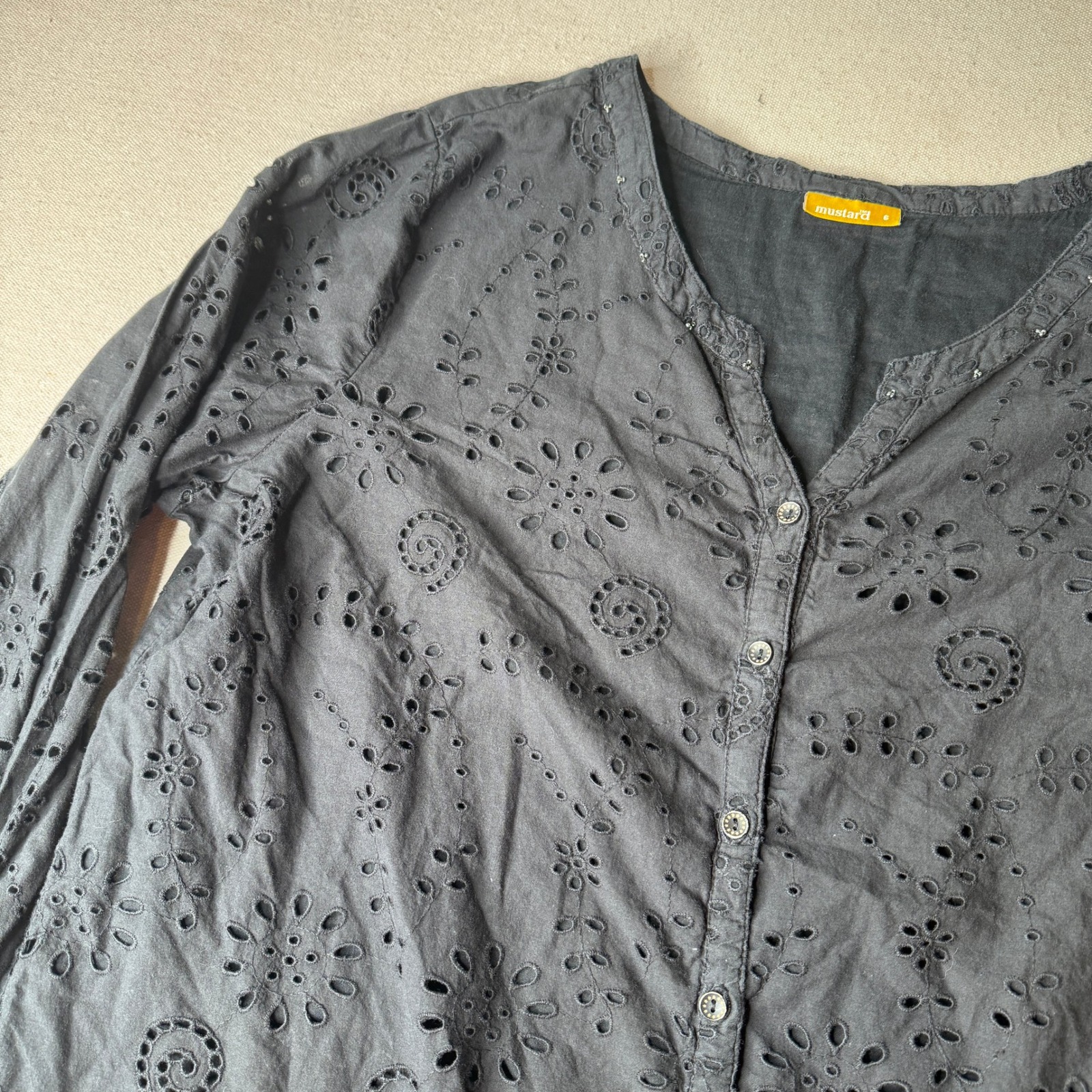 Mustard Black 100% Cotton Eyelet Tunic Top Button Front 3/4 Sleeve Womens 2x